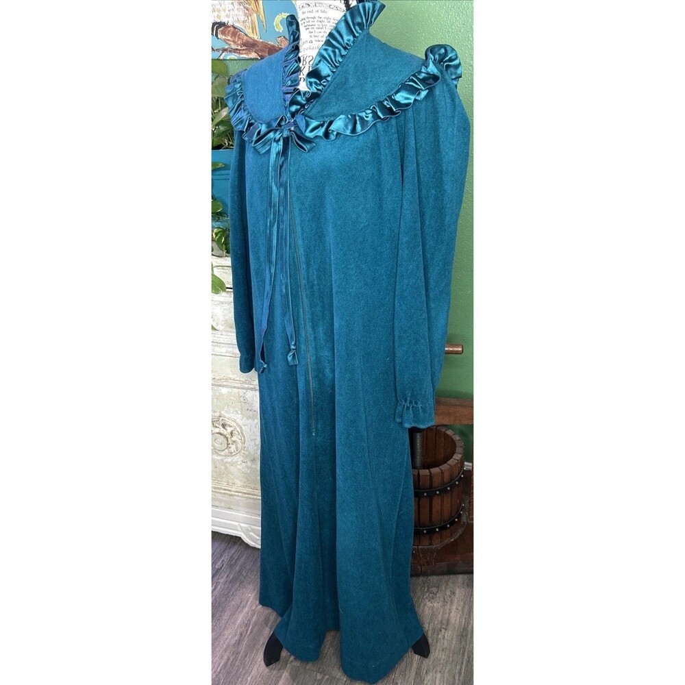 Vtg Teal JC Penny Housecoat-S Ruffle Collar Granny 80s Victorian Cottage
